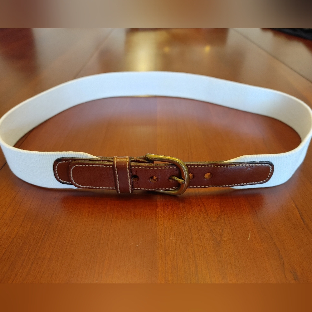 White Stretch Belt with Brass Buckle and leather ends (338)
